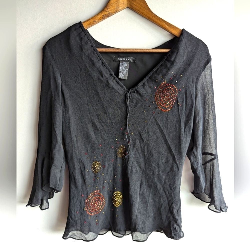 Silkland Womens Blouse Black Silk Beaded Sz L Bell Sleeve Y2K Boho Hippie fairy